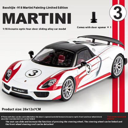 1:18 Porsche 918 Martini Painted Limited Edition Alloy Diecast Car Model Collection of Hobby Ornaments Sound & Light Serie Gift