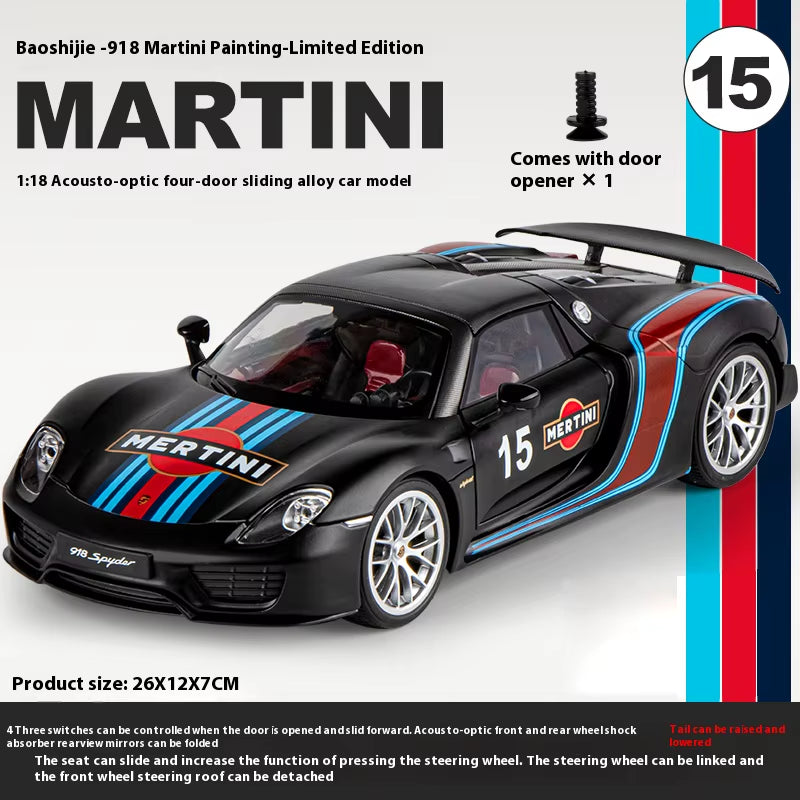 1:18 Porsche 918 Martini Painted Limited Edition Alloy Diecast Car Model Collection of Hobby Ornaments Sound & Light Serie Gift