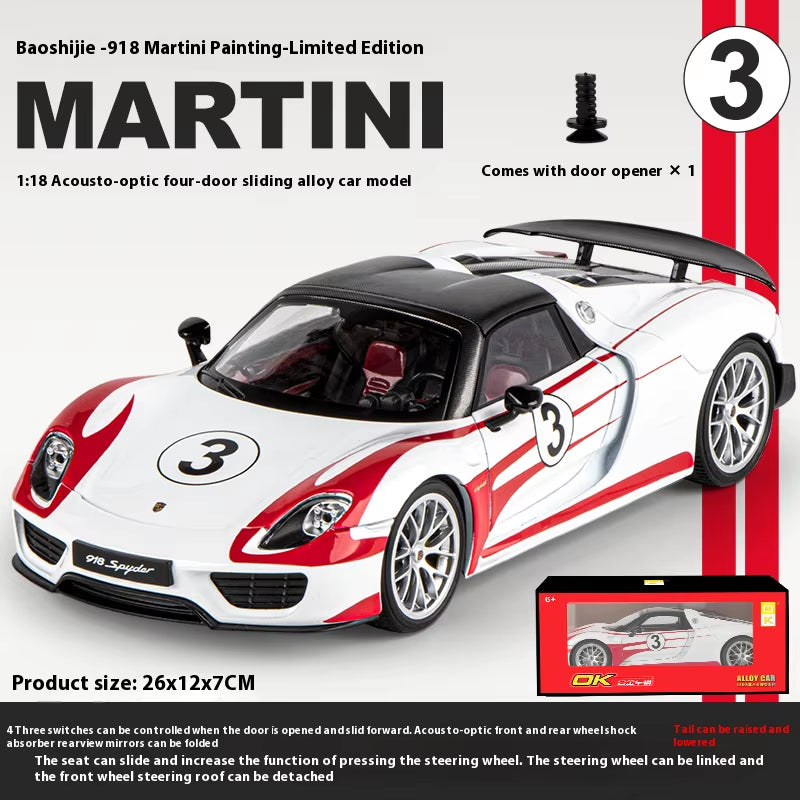 1:18 Porsche 918 Martini Painted Limited Edition Alloy Diecast Car Model Collection of Hobby Ornaments Sound & Light Serie Gift