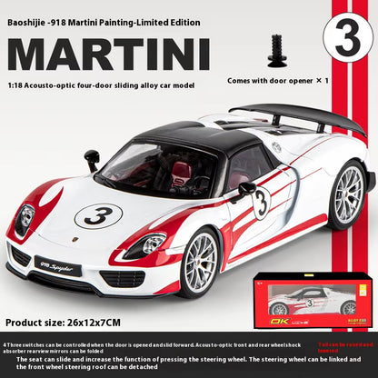 1:18 Porsche 918 Martini Painted Limited Edition Alloy Diecast Car Model Collection of Hobby Ornaments Sound & Light Serie Gift