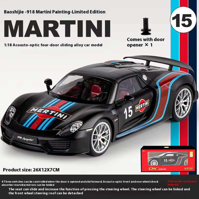 1:18 Porsche 918 Martini Painted Limited Edition Alloy Diecast Car Model Collection of Hobby Ornaments Sound & Light Serie Gift