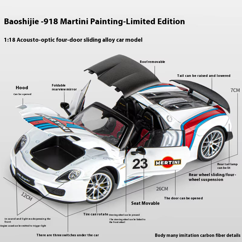 1:18 Porsche 918 Martini Painted Limited Edition Alloy Diecast Car Model Collection of Hobby Ornaments Sound & Light Serie Gift