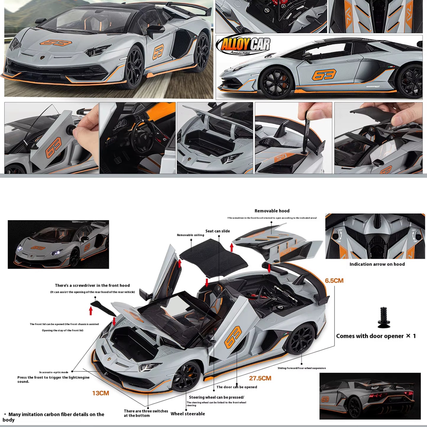 1:18 Scale SVJ63 Alloy Car Toy Model with Sound & Light Effects - Realistic Detail for Kids' Playtime & Collectors' Delight